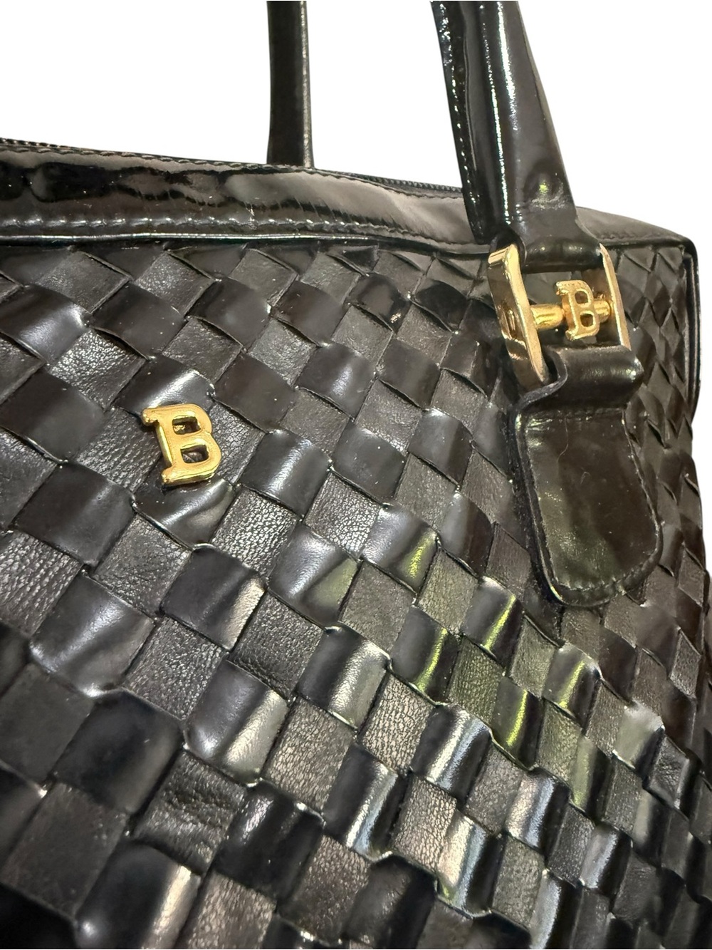 Vintage Bally Black Woven Leather Satchel Bag Gold Hardware Quiet Luxury Italy - Picture 8 of 14